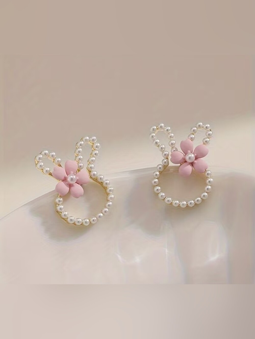 Gold Pearl Bunny Earrings with Pink Flower Accent